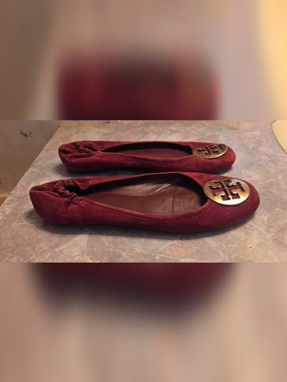 Tory Burch Burgundy Suede Reva Logo Ballet Flats